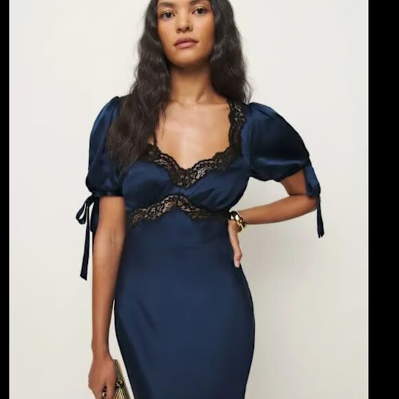 Reformation Dress Stella Silk Dress Navy Size 6 - Picture 8 of 10